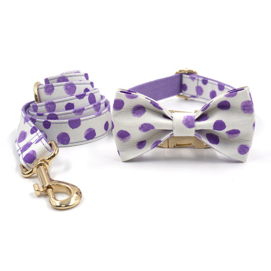 Wind Purple Polka Dot Dog Collar Leash Bow Set